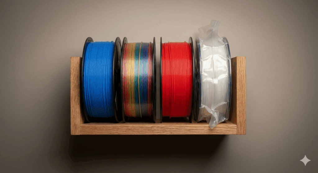 four differently-colored rolls of plastic filament on a rack